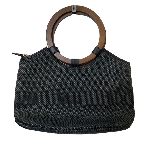 Zalo Handbags - Zalo Vintage Spain Amazing Black Woven Bag with Brown Wooden Circle Handle EUC